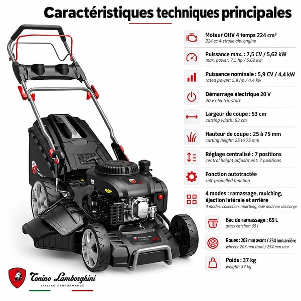 LAMBORGHINI - Tondeuse à Gazon Thermique Autotractée 4T 224 cm³ 7,5 CV - 53 cm 4-en-1 Démarrage Électrique 20 V Bac 65 L Tonino Lamborghini - large