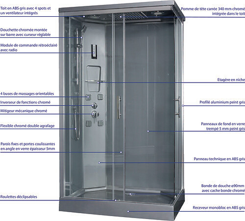 ONDEE - Cabine de douche hydromassante SERY - Porte coulissante - Chromé - 120x80cm - large
