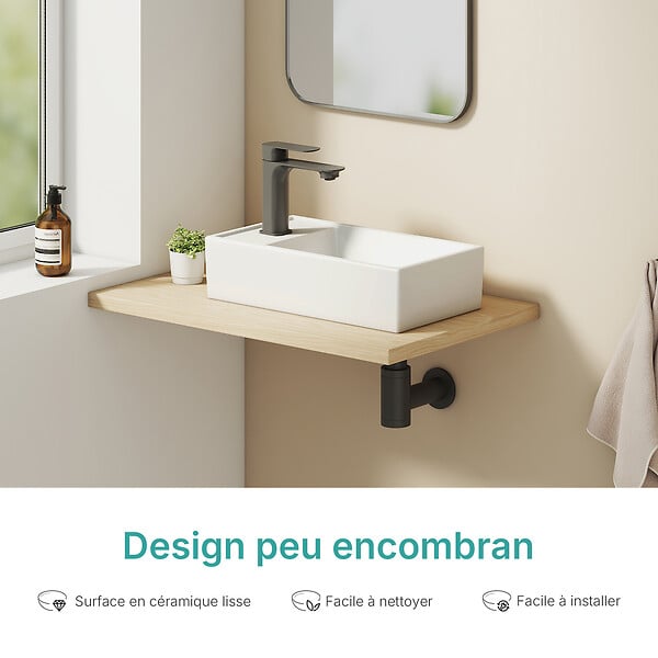 EMKE - EMKE Vasque à poser céramique 41×22×10cm, Lavabo salle de bain rectangulaire, Lavabo en céramique blanc brillant - large