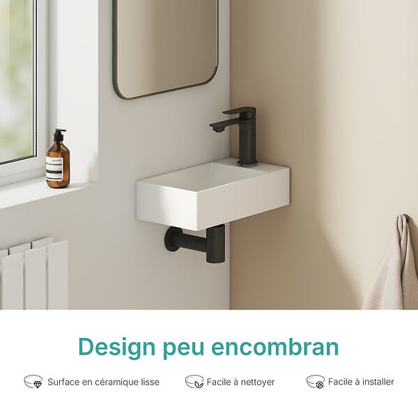 EMKE - EMKE Lavabo Mural de Salle de Bain 400 x 225 x 130 mm, Vasque Rectangulaire en Céramique, Trou pour Robinet à Droite, Blanc Brillant - large