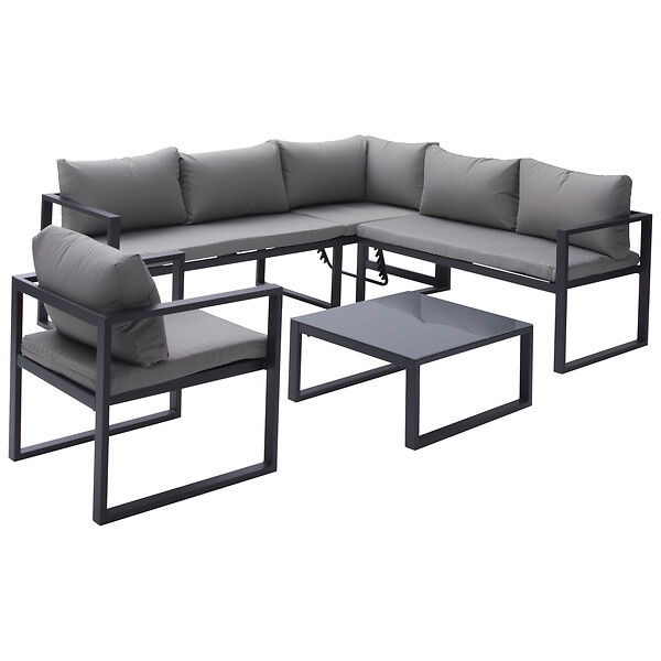HAPPY GARDEN - Salon de jardin modulable IBIZA en tissu gris 7 places - aluminium anthracite - large