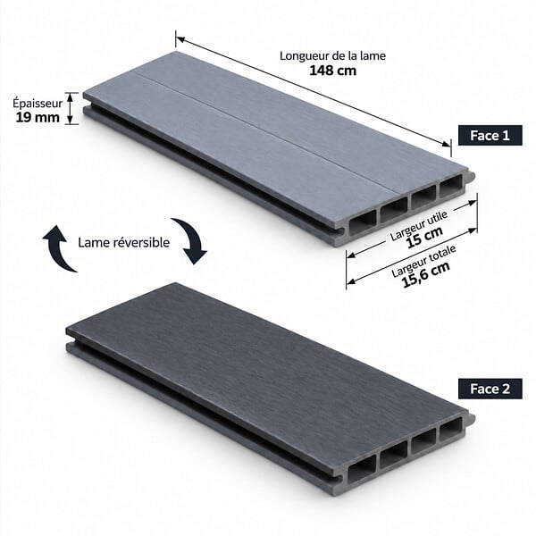 MCCOVER - Kit complet extension clôture en composite coextrudé 1,50 L x 1,80 H (lames réversibles) Gris anthracite/ Gris clair, H : 180 cm, L : 150 cm - large
