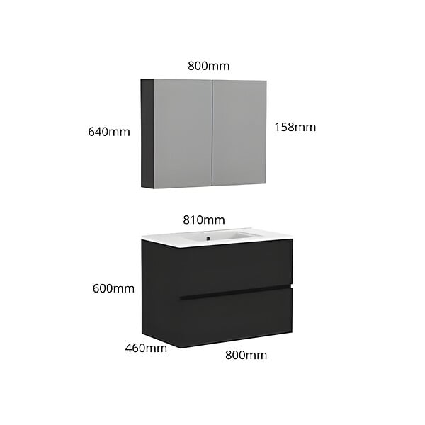 ALLIBERT - Ensemble meuble salle de bain 80 cm + armoire - plan céramique - Noir mat - A suspendre - Donna - large