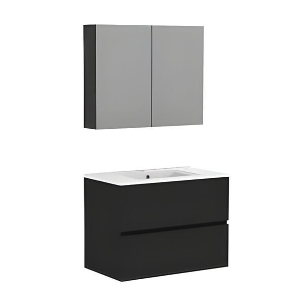 ALLIBERT - Ensemble meuble salle de bain 80 cm + armoire - plan céramique - Noir mat - A suspendre - Donna - large