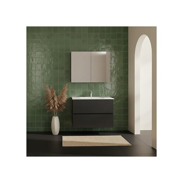 ALLIBERT - Ensemble meuble salle de bain 80 cm + armoire - plan céramique - Noir mat - A suspendre - Donna - large