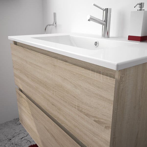 ALLIBERT - Meuble de salle de bain 2 tiroirs BAZIL éclairage LED 6 W et miroir 60 x 58 x 46 cm - couleur chêne - large
