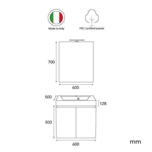 KIAMAMI VALENTINA - Meuble De Salle De Bains Suspendu 60Cm Portes Gris Perle, Lavabo, Miroir Et Lampe | Valentina - large