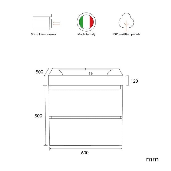 KIAMAMI VALENTINA - Meuble De Salle De Bain 60Cm 2 Tiroirs Gris Perle Avec Lavabo | Valentina - large