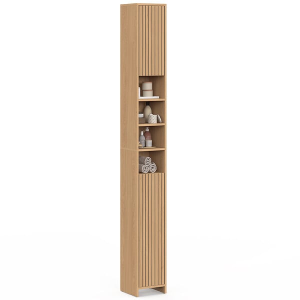 ID MARKET - Meuble colonne salle de bain VICTOR 2 portes 4 niches effet lattes - large