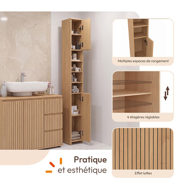ID MARKET - Meuble colonne salle de bain VICTOR 2 portes 4 niches effet lattes - large