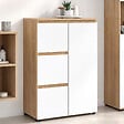 ID MARKET - Meuble de rangement salle de bain TOMI 3 tiroirs avec placard façon hêtre et blanc - vignette