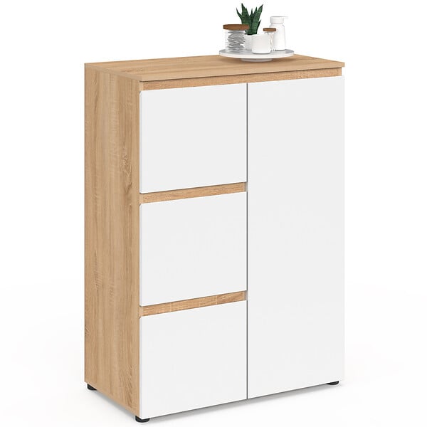 ID MARKET - Meuble de rangement salle de bain TOMI 3 tiroirs avec placard façon hêtre et blanc - large