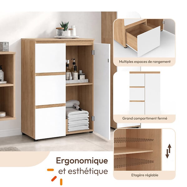 ID MARKET - Meuble de rangement salle de bain TOMI 3 tiroirs avec placard façon hêtre et blanc - large