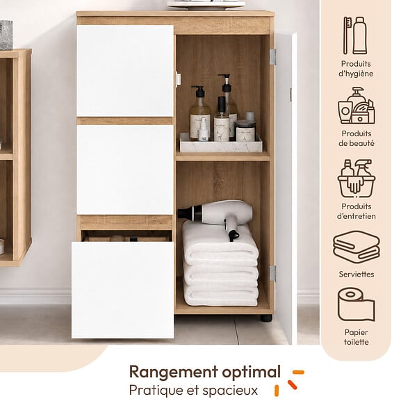 ID MARKET - Meuble de rangement salle de bain TOMI 3 tiroirs avec placard façon hêtre et blanc - large