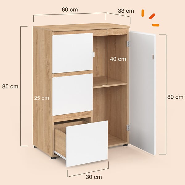 ID MARKET - Meuble de rangement salle de bain TOMI 3 tiroirs avec placard façon hêtre et blanc - large