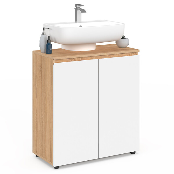 ID MARKET - Meuble sous lavabo salle de bain TOMI façon hêtre et blanc - large