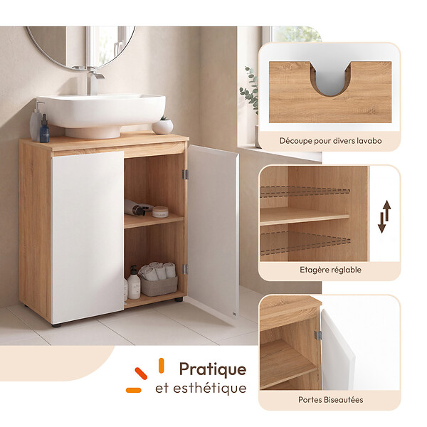 ID MARKET - Meuble sous lavabo salle de bain TOMI façon hêtre et blanc - large
