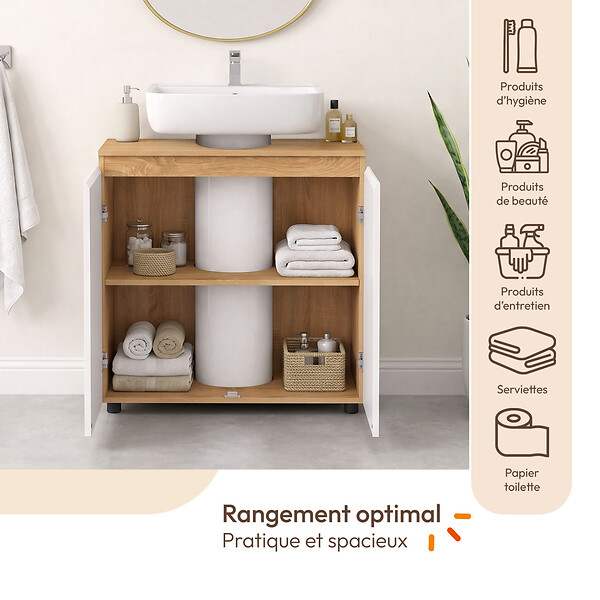 ID MARKET - Meuble sous lavabo salle de bain TOMI façon hêtre et blanc - large