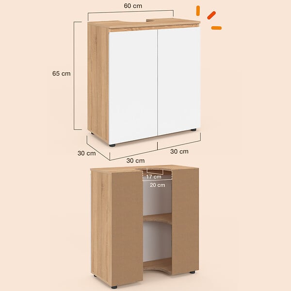 ID MARKET - Meuble sous lavabo salle de bain TOMI façon hêtre et blanc - large
