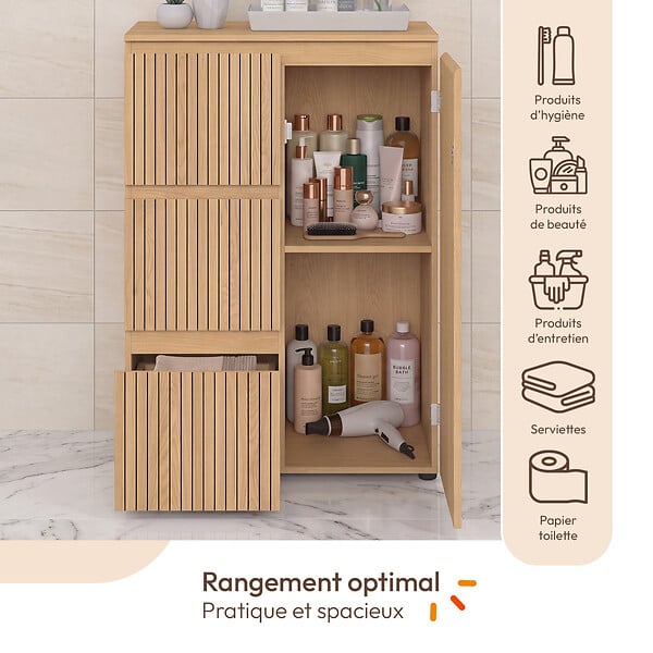 ID MARKET - Meuble de rangement salle de bain VICTOR 3 tiroirs avec placard effet lattes - large