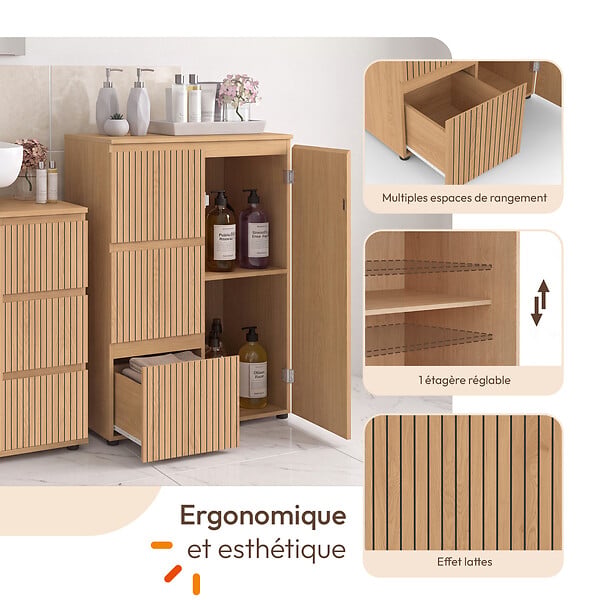 ID MARKET - Meuble de rangement salle de bain VICTOR 3 tiroirs avec placard effet lattes - large