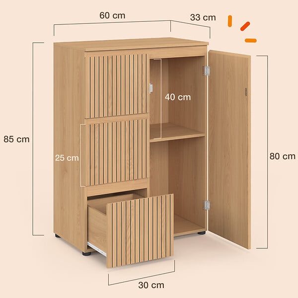 ID MARKET - Meuble de rangement salle de bain VICTOR 3 tiroirs avec placard effet lattes - large
