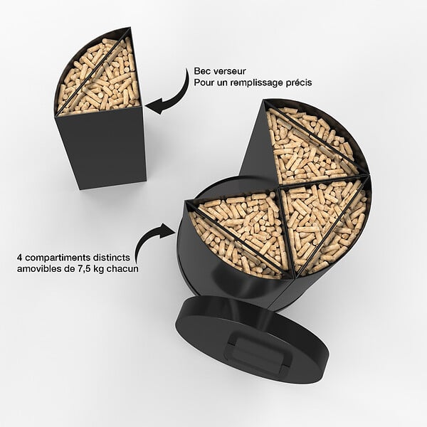 ID MARKET - Réservoir à granulés rond 30 KG noir 4 compartiments détachables avec bec verseur rangement à pellets 35 x 35 x 63,5 cm - large