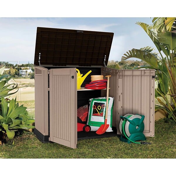 KETER - Coffre de jardin 880L Résine Beige / Marron Abri de rangement extérieur pour 2 poubelles 120L 2 portes KETER - large