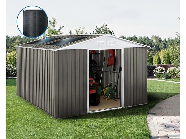 HABITAT ET JARDIN - Abri jardin métal "Dallas" - 15.16m² avec panneau solaires - Taupe - large