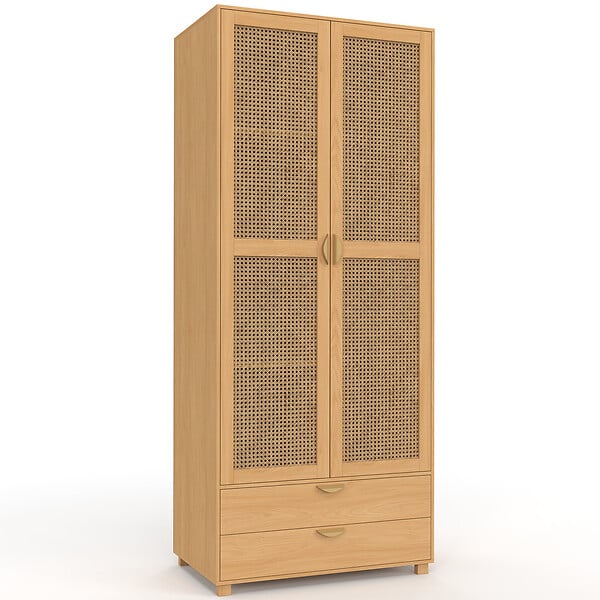 ID MARKET - Armoire 2 portes EDHEN bois et cannage penderie 80 cm avec 2 tiroirs et étagères - large