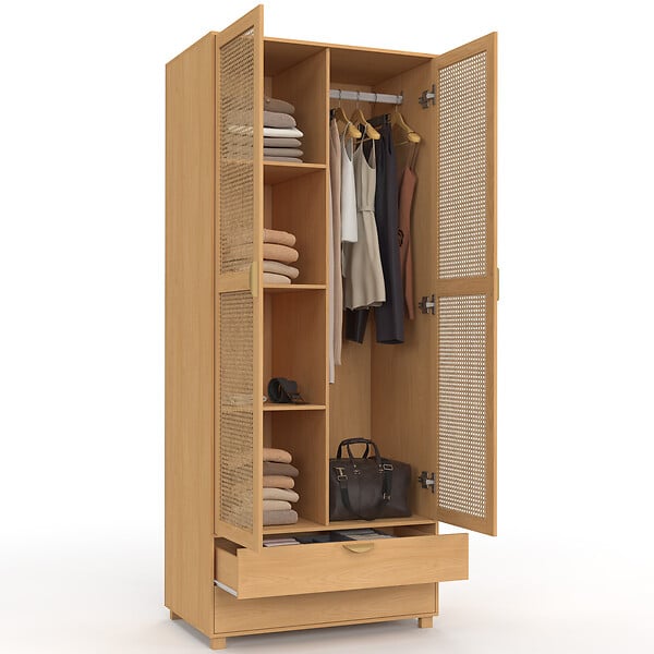 ID MARKET - Armoire 2 portes EDHEN bois et cannage penderie 80 cm avec 2 tiroirs et étagères - large