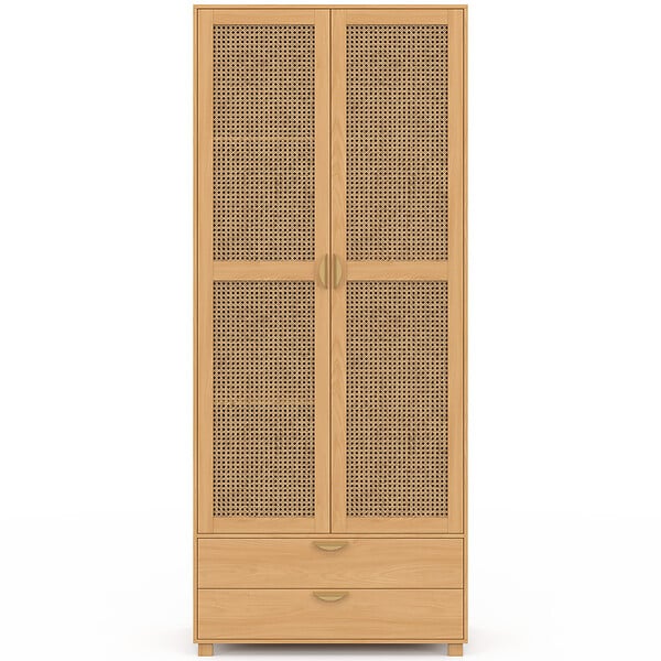 ID MARKET - Armoire 2 portes EDHEN bois et cannage penderie 80 cm avec 2 tiroirs et étagères - large