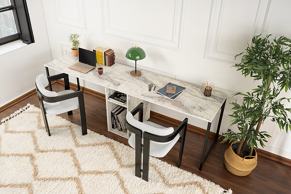 HABITAT ET JARDIN - Double bureau avec 2 étagères en bois "Twin" - 240 x 60 x 74 cm - Blanc marbré - large