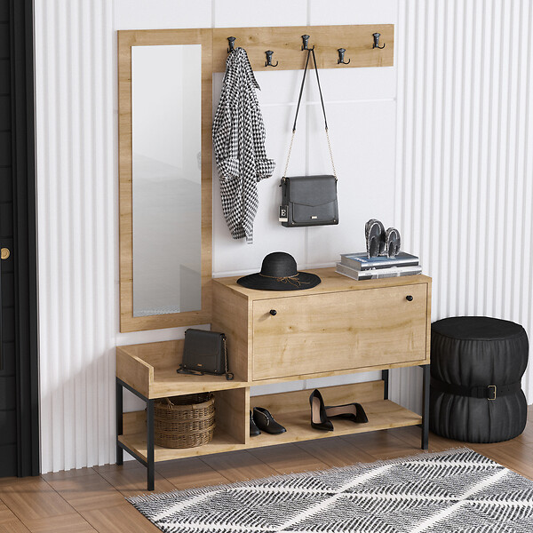 HABITAT ET JARDIN - Meuble à chaussures avec miroir en bois "Nonso" - 120 x 35 x 70 cm - Beige - large