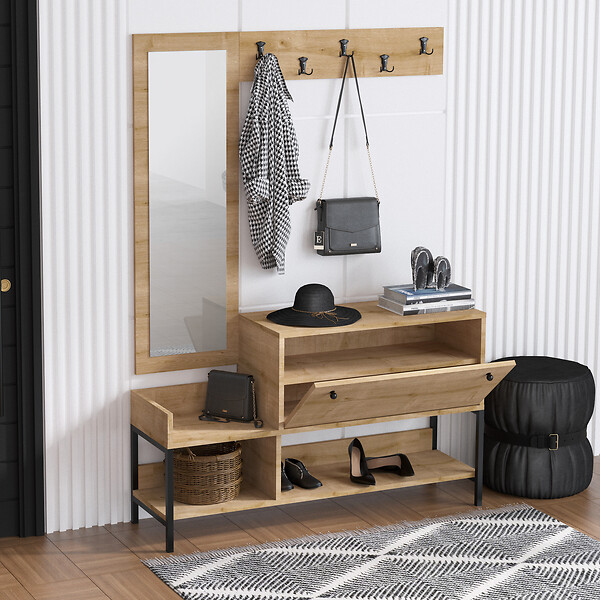 HABITAT ET JARDIN - Meuble à chaussures avec miroir en bois "Nonso" - 120 x 35 x 70 cm - Beige - large
