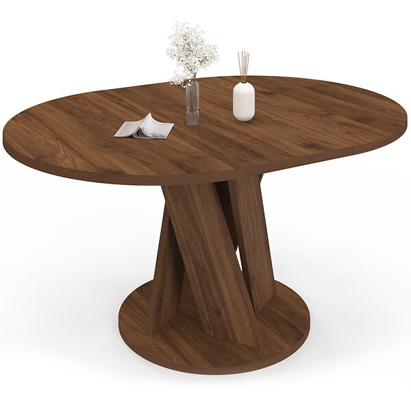 ID MARKET - Table à manger extensible ronde JASMINE 4-8 personnes pied central noyer 110-150 cm - large