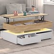 ID MARKET - Table basse plateau relevable rectangulaire ELSA 90 cm 4 tiroirs avec LED en bois blanc et plateau façon hêtre - vignette