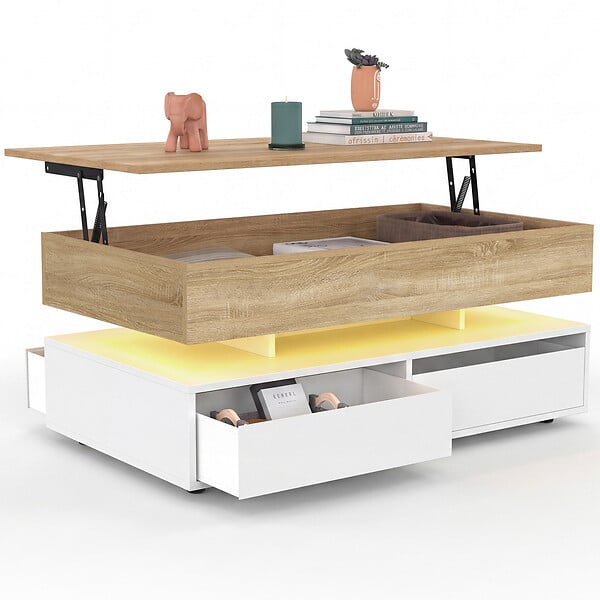 ID MARKET - Table basse plateau relevable rectangulaire ELSA 90 cm 4 tiroirs avec LED en bois blanc et plateau façon hêtre - large