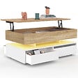 ID MARKET - Table basse plateau relevable rectangulaire ELSA 90 cm 4 tiroirs avec LED en bois blanc et plateau façon hêtre - vignette