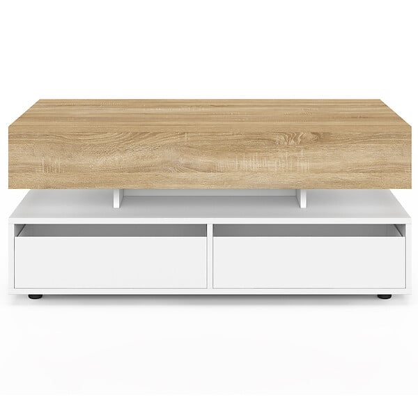 ID MARKET - Table basse plateau relevable rectangulaire ELSA 90 cm 4 tiroirs avec LED en bois blanc et plateau façon hêtre - large