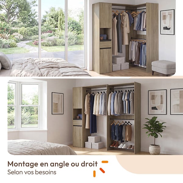 ID MARKET - Dressing d'angle modulable L. 145 / 203 cm MELMAN triple penderie + portes + tiroir + étagères bois et noir - large