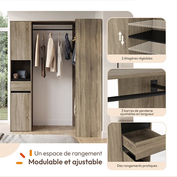 ID MARKET - Dressing d'angle modulable L. 145 / 203 cm MELMAN triple penderie + portes + tiroir + étagères bois et noir - large