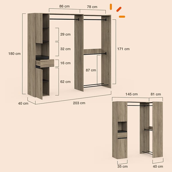 ID MARKET - Dressing d'angle modulable L. 145 / 203 cm MELMAN triple penderie + portes + tiroir + étagères bois et noir - large