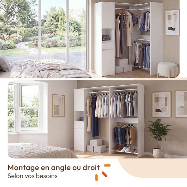 ID MARKET - Dressing d'angle modulable L. 145 / 203 cm MELMAN triple penderie + portes + tiroir + étagères blanc - large