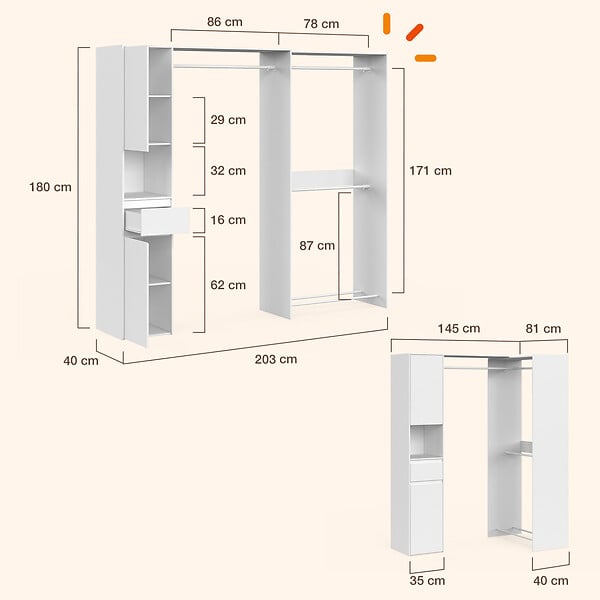 ID MARKET - Dressing d'angle modulable L. 145 / 203 cm MELMAN triple penderie + portes + tiroir + étagères blanc - large
