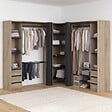 ID MARKET - Dressing extensible d'angle MARLON 220 x 220 x 180 cm hêtre avec penderies + porte pantalon + étagères + tiroirs + rideaux noirs - vignette