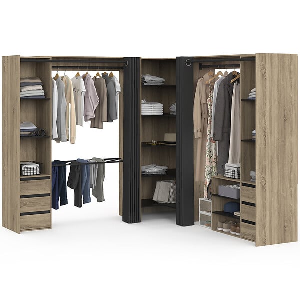 ID MARKET - Dressing extensible d'angle MARLON 220 x 220 x 180 cm hêtre avec penderies + porte pantalon + étagères + tiroirs + rideaux noirs - large