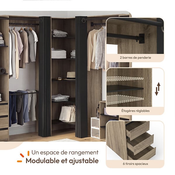 ID MARKET - Dressing extensible d'angle MARLON 220 x 220 x 180 cm hêtre avec penderies + porte pantalon + étagères + tiroirs + rideaux noirs - large