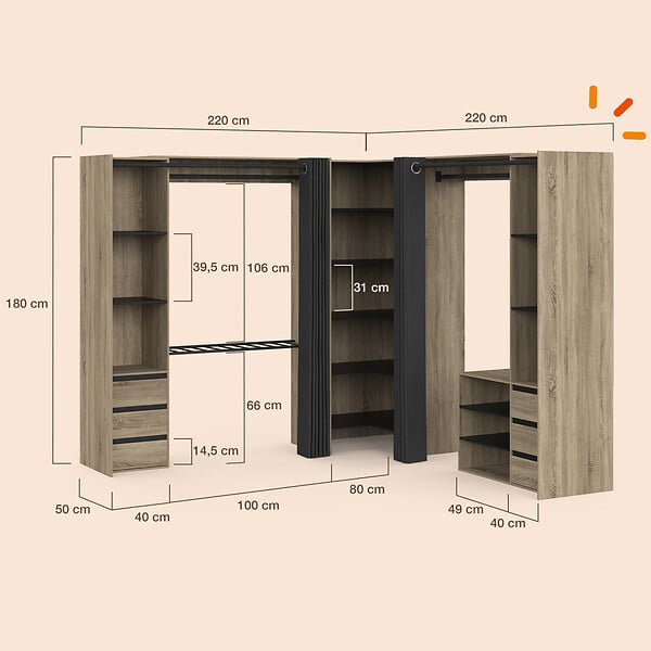 ID MARKET - Dressing extensible d'angle MARLON 220 x 220 x 180 cm hêtre avec penderies + porte pantalon + étagères + tiroirs + rideaux noirs - large