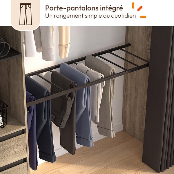 ID MARKET - Dressing extensible d'angle MARLON 220 x 220 x 180 cm hêtre avec penderies + porte pantalon + étagères + tiroirs + rideaux noirs - large